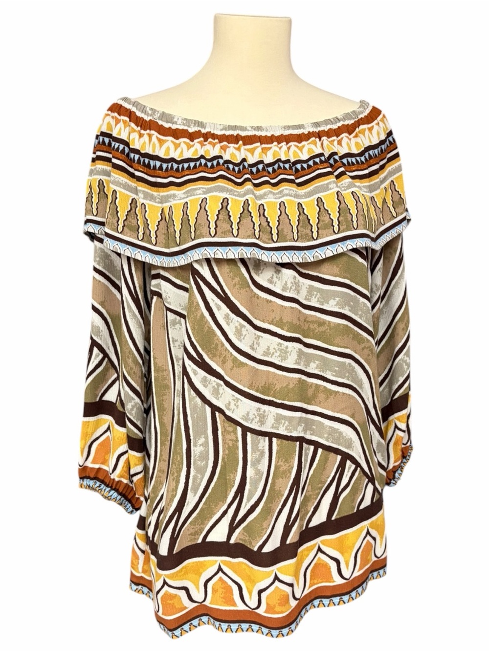 Chico’s Off Shoulder Blouse Abstract Zebra Tribal Print Boho Tunic, Size 1 Med